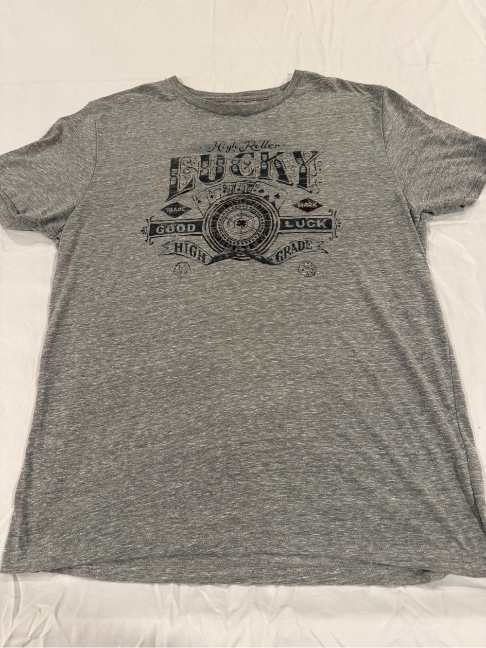 Lucky Brand High Roller Graphic Tee Shirt Gray Heather Distressed Large